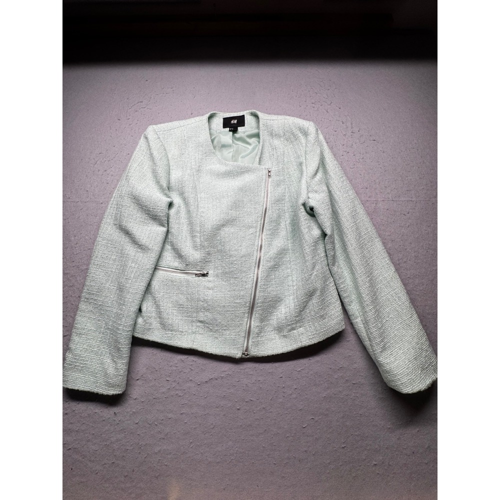 H&M Jacket Womens 12 Mint Green Tweed Moto Asymmetrical Zip Metallic Textured